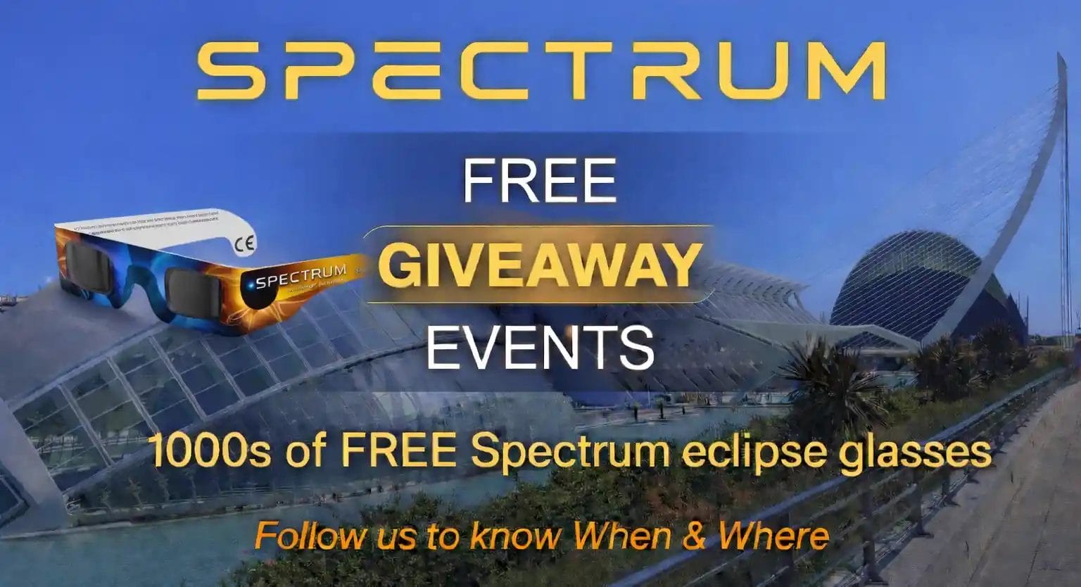 Free giveaway events offering thousands of Spectrum solar eclipse glasses in Spain.