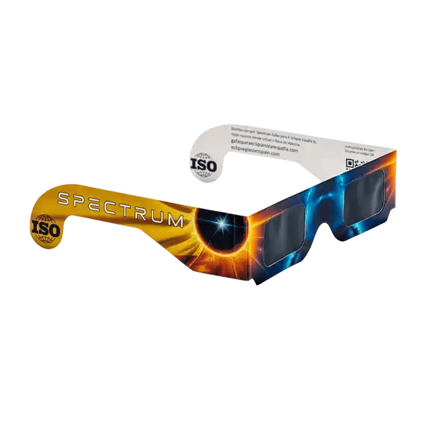 Angled view of Spectrum eclipse glasses showing ISO Certification logo and protective solar filters.