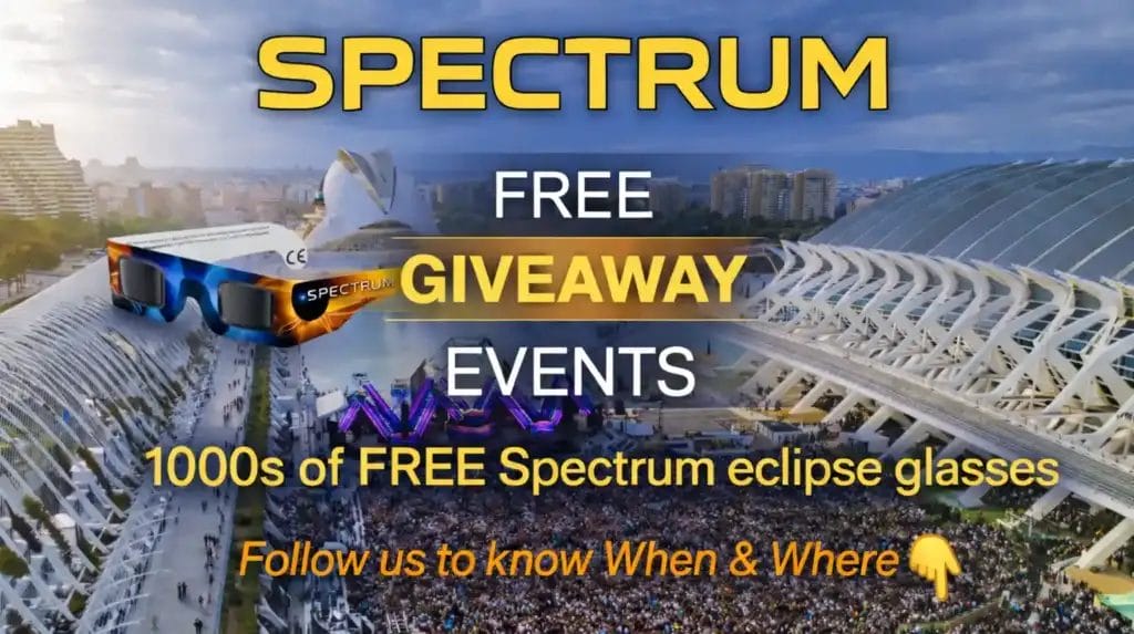 Free giveaway events offering thousands of Spectrum solar eclipse glasses in Spain with large public crowd.