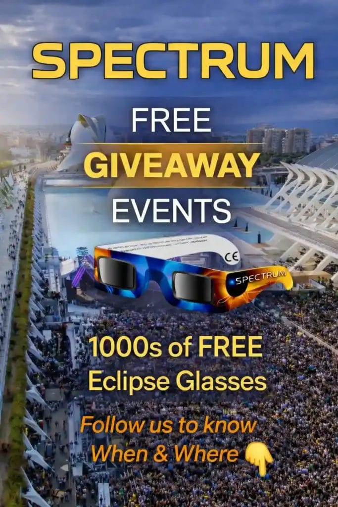 Join Spectrum free giveaway events to receive free solar eclipse glasses and follow for event locations in Spain.