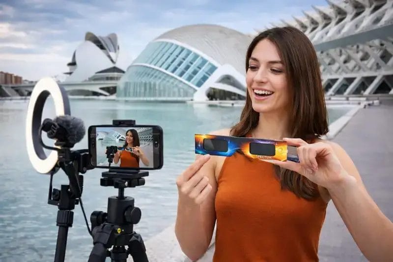 Influencer filming content about Spectrum solar eclipse glasses at the City of Arts and Sciences in Valencia using a smartphone, tripod and ring light.