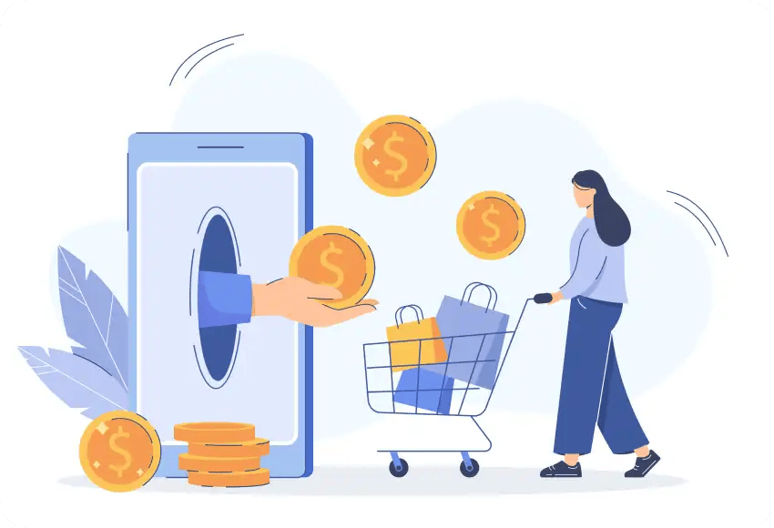 Online shopping illustration showing customers purchasing quickly, representing high conversion rates for Spectrum eclipse glasses affiliates.